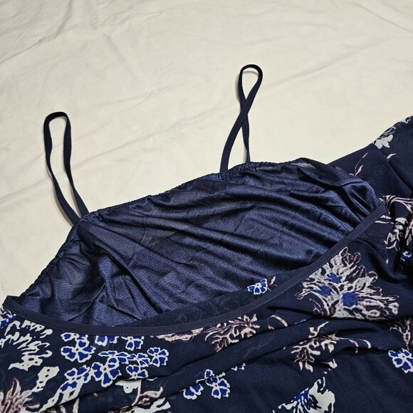 Floral Navy Blue Maxi Dress XXL W/Spaghetti Straps & Sheer Overlay Design - Picture 5 of 13
